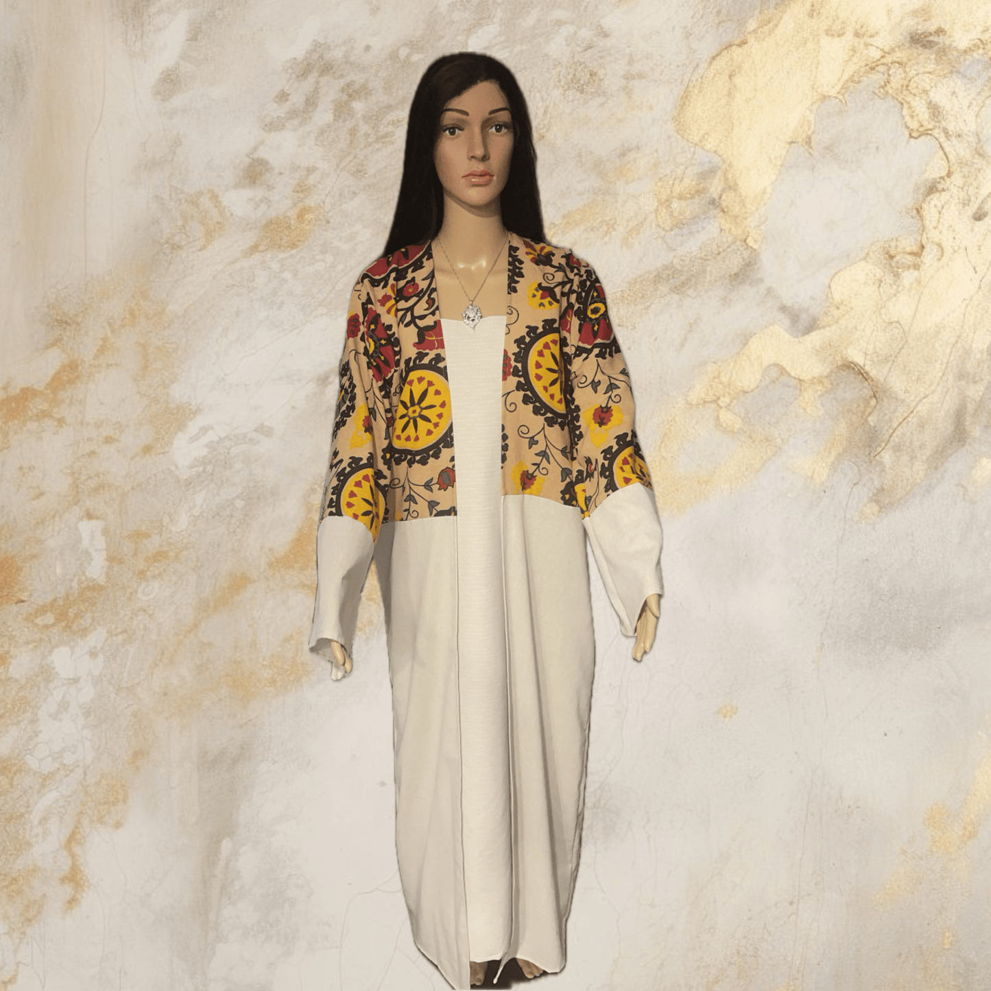 away linen set with beige dress decorated with flowers and leaves. - My Store