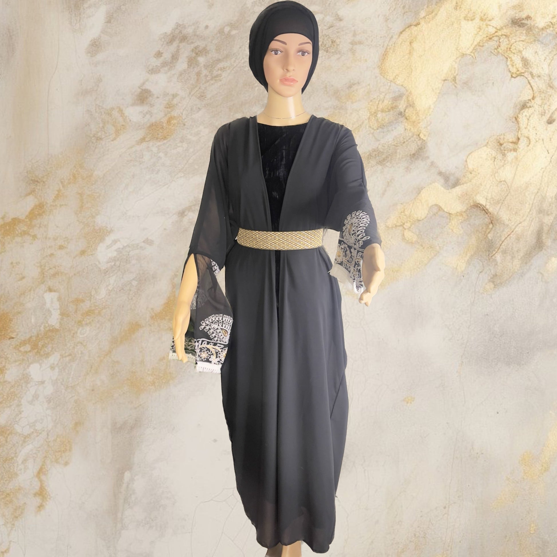 abaya black whit white and gold open sleeves. - My Store