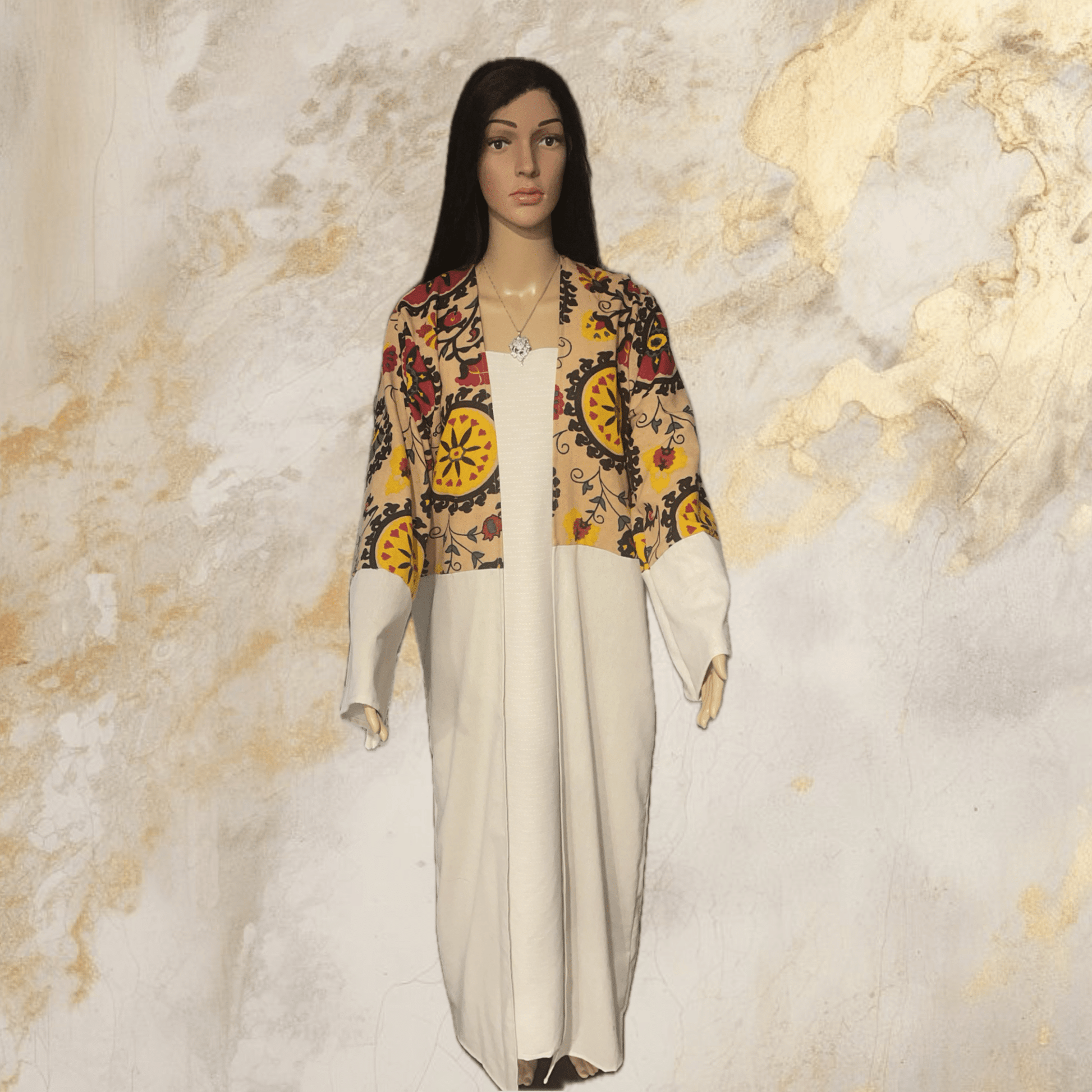 away linen set with beige dress decorated with flowers and leaves. - My Store