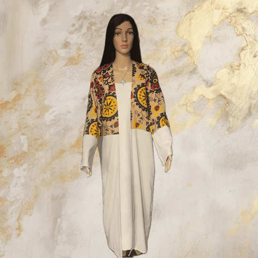 away linen set with beige dress decorated with flowers and leaves. - My Store