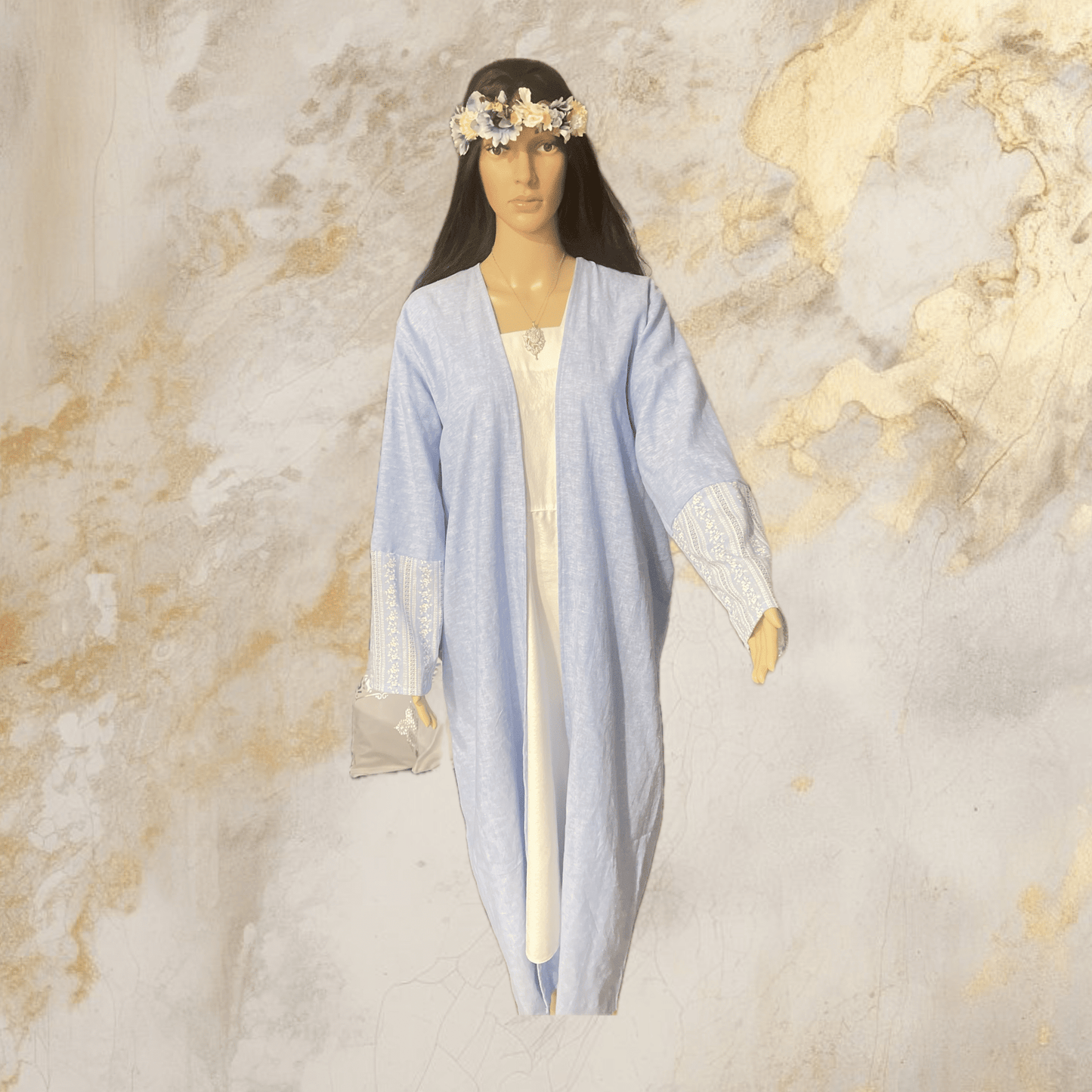 light blue linen fabric abaya with jeans. - My Store