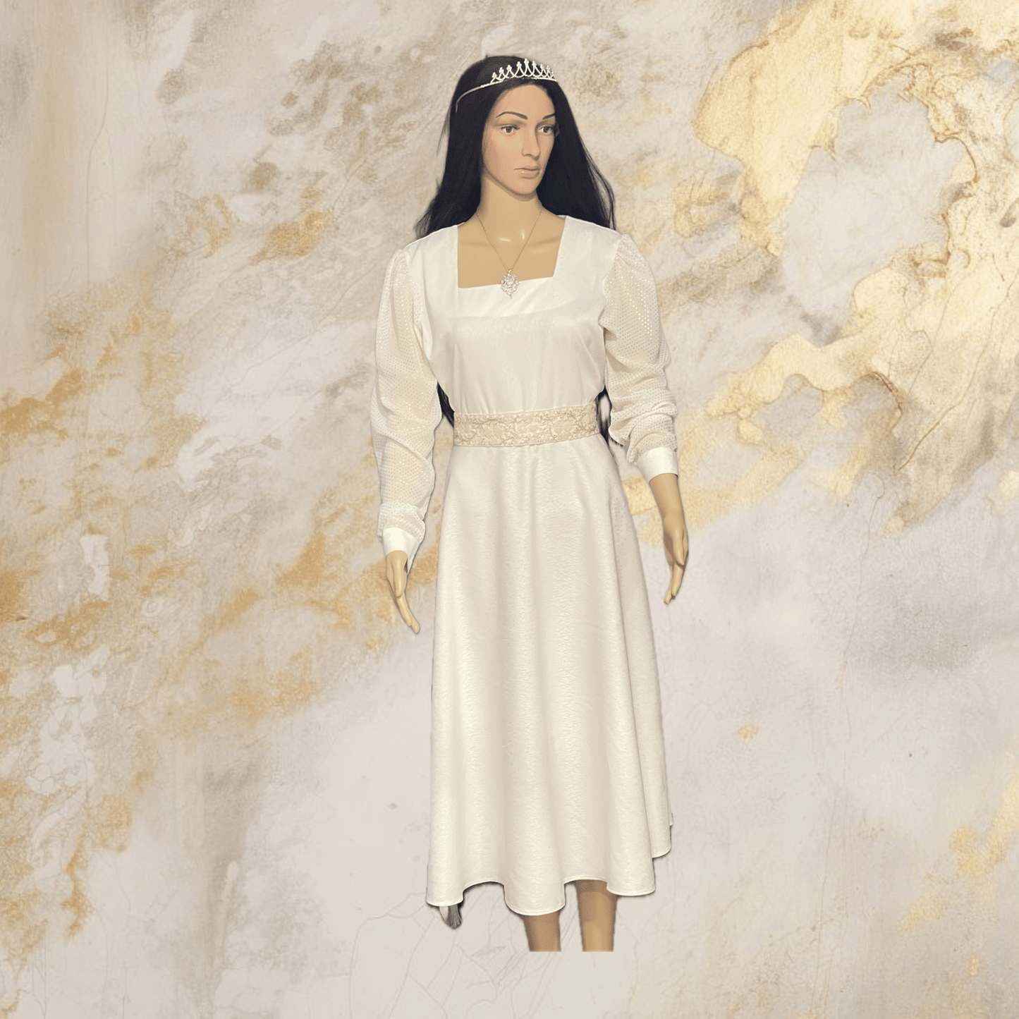 white dress with silver and gold . - My Store